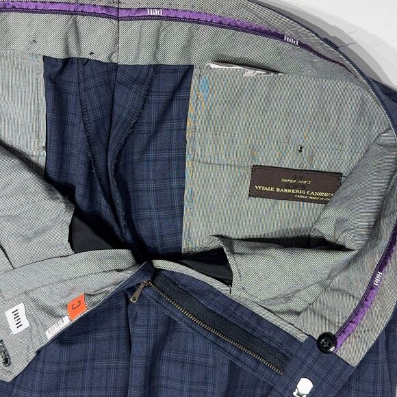 HILTL 100% Italian Wool Flat Front Dress Pants Blue Plaid Cuffed Men Size 36x32 - Picture 7 of 11